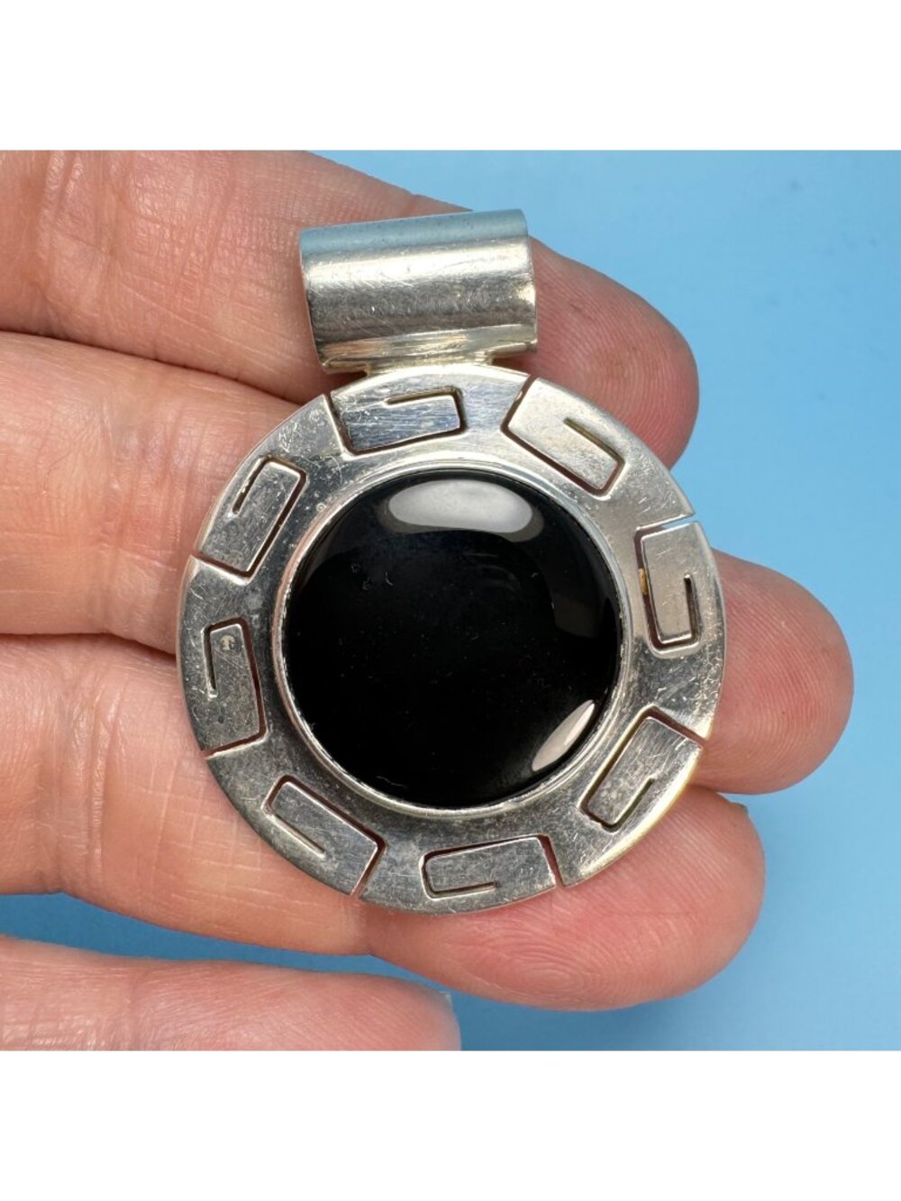 Black Onyx Bezel Set Pendant Sterling Silver 925 Size 1.5'' Length